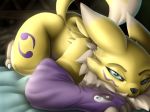  ambiguous_gender armwear bed black_nose black_sclera blue_eyes bridal_gauntlets clothing digimon fur inside looking_at_viewer lying mostly_nude on_front renamon solo squeeshy white_fur yellow_fur 