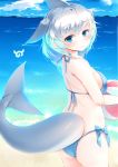  absurdres ass ball beachball bikini blue_bikini blue_eyes blue_hair blue_sky cloud commentary_request common_bottlenose_dolphin_(kemono_friends) day dolphin_tail from_behind gradient_hair head_fins highres japari_symbol kanzakietc kemono_friends looking_at_viewer looking_back multicolored_hair outdoors short_hair side-tie_bikini silver_hair sky solo swimsuit 