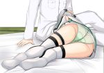  1girl admiral_(kantai_collection) ahoge akitsushima_(kantai_collection) arm_support ass bad_feet commentary_request green_panties hair_ornament hand_on_another's_head hat head_out_of_frame hetero implied_fellatio indoors jacket kantai_collection leg_garter long_hair military military_uniform mini_hat miniskirt on_floor panties pleated_skirt revision ribbon side_ponytail sitting skirt solo_focus takamaru_(akisora_drawing) thighhighs thighs underwear uniform 