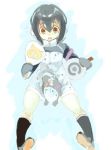  1girl armband bird black_hair boots commentary_request flying_sweatdrops grape-kun headphones hood hoodie humboldt_penguin_(kemono_friends) japari_symbol kemono_friends konabetate long_sleeves multicolored_hair penguin penguin_tail purple_hair sitting tail white_hair 