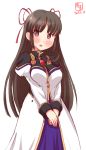  black_hair brown_eyes commentary_request cosplay galaxy_angel hair_ribbon hands_together highres hiyou_(kantai_collection) kanon_(kurogane_knights) kantai_collection karasuma_chitose karasuma_chitose_(cosplay) long_hair look-alike looking_at_viewer military military_uniform open_mouth red_ribbon ribbon simple_background solo uniform white_background 