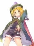  :&lt; beret blonde_hair blush chainsaw coat commentary fate/grand_order fate_(series) green_coat green_hat hat holding holding_weapon naked_overalls open_clothes open_coat overall_shorts overalls paul_bunyan_(fate/grand_order) short_hair simple_background solo sumisu_(mondo) weapon white_background yellow_eyes 