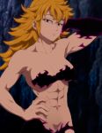  1girl abs black_eyes breasts cleavage derieri facial_tattoo hand_on_hips long_hair medium_breasts muscles muscular_female nanatsu_no_taizai navel no_clothes orange_hair partially_nude solo spiky_hair tattoo 