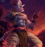  abs anthro armor bracers canine chest_tuft clothed clothing fingerless_gloves fur gloves glowing glowing_eyes grin hair half-closed_eyes male mammal mountain muscular nurinaki outside pants patreon smile solo standing tuft wolf 