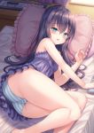  ass bare_arms bare_legs bare_shoulders black_hair blue_eyes blush commentary curtains indoors long_hair looking_at_viewer lying open_mouth original pillow room shimokirin solo striped 