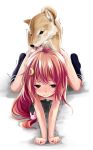  all_fours animal bestiality bunny_hair_ornament closed_mouth commentary_request crescent crescent_hair_ornament dog doggystyle hair_ornament hetero kantai_collection kurona long_hair nude red_eyes red_hair sex simple_background socks solo_focus tears trembling uzuki_(kantai_collection) white_background 