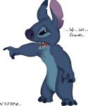  2018 4_fingers alien blue_claws blue_eyes blue_fur blue_nose chest_tuft claws dialogue digital_drawing_(artwork) digital_media_(artwork) disney ears_up english_text experiment_(species) fur head_tuft hi_res huffles_the_fox_(artist) lilo_and_stitch open_mouth pointing raised_inner_eyebrows sad simple_background small_tail solo standing stitch tantalog_text text tuft white_background 