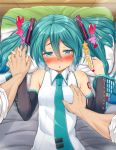  absurdres aqua_eyes aqua_hair blush breast_grab breasts commentary_request detached_sleeves grabbing hair_between_eyes hatsune_miku heart heart-shaped_pupils highres holding_hands interlocked_fingers kitsunerider long_hair lying necktie on_back out_of_frame pillow pov revision small_breasts solo_focus symbol-shaped_pupils tears twintails upper_body vocaloid 