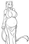  2018 anthro belly big_breasts breasts caitian cleavage clothed clothing david_a_cantero dress feline female hi_res looking_at_viewer mammal monochrome navel pregnant simple_background smile solo tail_tuft tuft 