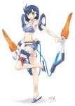  :d bandana bangs bare_legs bare_shoulders blue_bra blue_footwear blue_hair blue_panties bra breasts collarbone commentary darling_in_the_franxx dated delphinium_(darling_in_the_franxx) flip-flops green_eyes hair_ornament hairclip happy highres holding holding_weapon ichigo_(darling_in_the_franxx) legs looking_at_viewer midriff open_mouth panties sandals short_hair signature simelu simple_background small_breasts smile solo sports_bra standing standing_on_one_leg stomach teeth underwear weapon white_background 