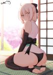  ahoge arm_guards ass bare_shoulders barefoot black_bow black_legwear black_panties black_sash blonde_hair bow breasts closed_mouth commentary_request covered_nipples dated day eyebrows_visible_through_hair fate_(series) from_behind full_body hair_between_eyes hair_bow highres japanese_clothes kimono looking_at_viewer looking_back medium_breasts no_pants obi okita_souji_(fate) okita_souji_(fate)_(all) panties ppshex sash seiza shiny shiny_skin short_hair signature sitting sleeveless sleeveless_kimono soles solo stirrup_legwear thighhighs toeless_legwear tree underwear yellow_eyes 