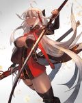  breasts closed_mouth commentary_request dark_skin fate/grand_order fate_(series) floating_hair highres holding holding_sword holding_weapon katana lack large_breasts long_hair looking_at_viewer okita_souji_(alter)_(fate) okita_souji_(fate)_(all) scabbard sheath sword thick_thighs thighhighs thighs weapon white_hair 