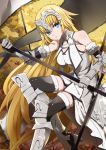  armor armored_boots armored_dress bangs banner black_legwear blonde_hair blue_eyes boots chain dress fate/apocrypha fate_(series) floating_hair fur_trim gauntlets holding holding_weapon jeanne_d'arc_(fate) jeanne_d'arc_(fate)_(all) long_hair looking_at_viewer parted_lips sheath shiny shiny_clothes sleeveless sleeveless_dress solo thighhighs very_long_hair weapon white_dress yukichi_(mainitiiitenkidana07) 