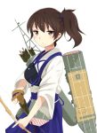  agano_(yoshii_aki) arrow bow_(weapon) breasts brown_eyes brown_gloves brown_hair eyebrows_visible_through_hair flight_deck gloves hair_between_eyes hakama hakama_skirt holding holding_weapon japanese_clothes kaga_(kantai_collection) kantai_collection large_breasts looking_at_viewer muneate partly_fingerless_gloves quiver rigging shirt side_ponytail simple_background single_glove solo weapon white_background white_shirt yugake yumi_(bow) 