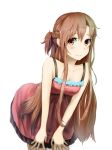  1girl asuna_(sao) blush breasts brown_eyes brown_hair cleavage collarbone commentary_request dress hair_between_eyes hands_on_own_knees highres leaning_forward long_hair looking_at_viewer medium_breasts photoshop_(medium) pink_dress poet simple_background sleeveless sleeveless_dress smile solo standing sundress sword_art_online tied_hair very_long_hair white_background 