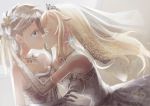  absurdres ange_(princess_principal) blonde_hair breasts bride cleavage closed_eyes collarbone commentary_request diadem dress earrings elbow_gloves floating_hair flower gloves grey_dress grey_eyes grey_gloves hair_flower hair_ornament highres imminent_kiss jewelry kiss long_hair medium_breasts multiple_girls necklace princess_(princess_principal) princess_principal silver_hair silverfox_raito sleeveless sleeveless_dress sparkle strapless strapless_dress very_long_hair wedding_dress white_flower wife_and_wife yuri 