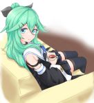  black_legwear black_ribbon black_serafuku black_skirt blue_neckwear blue_ribbon couch cup detached_sleeves green_eyes green_hair hair_between_eyes hair_flaps hair_ornament hair_ribbon hairclip kantai_collection long_hair looking_at_viewer looking_to_the_side neckerchief pleated_skirt ponytail ribbon sailor_collar school_uniform serafuku sitting skirt solo thighhighs yamakaze_(kantai_collection) yumemi_kusamochi 