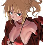  arm_up bikini_top blonde_hair braid breasts choker collarbone commentary_request earrings elbow_gloves eyebrows_visible_through_hair fate/apocrypha fate_(series) front-tie_bikini front-tie_top gloves green_eyes halterneck jewelry mordred_(fate)_(all) off_shoulder ponytail red_bikini_top red_gloves side_braid small_breasts solo ulrich_(tagaragakuin) upper_body work_in_progress 