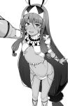  :d absurdly_long_hair ankle_lace-up blush breasts commentary cross-laced_footwear dark_skin facial_mark fate/grand_order fate_(series) greyscale hair_between_eyes highres long_hair low-tied_long_hair monochrome navel nitocris_(fate/grand_order) open_mouth reaching_out self_shot sidelocks simple_background small_breasts smile solo sumisu_(mondo) underboob usekh_collar very_long_hair white_background 