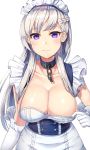  absurdres apron arm_at_side azur_lane bangs belfast_(azur_lane) blush braid breasts chain cleavage closed_mouth collar collarbone commentary corset eyebrows_visible_through_hair french_braid frilled_apron frilled_gloves frills gloves highres large_breasts long_hair looking_at_viewer maid_apron maid_headdress purple_eyes rangen shiny shiny_hair shiny_skin silver_hair simple_background smile solo underbust upper_body very_long_hair white_apron white_background white_gloves 