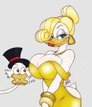  2018 anthro avian beauty_mark big_breasts bird bracelet breasts cleavage clothed clothing disney dress duck ducktales duo ear_piercing eyelashes eyeshadow female fully_clothed goldie_o&#039;gilt grey_background half-closed_eyes hat jewelry lipstick looking_at_viewer makeup male necklace piercing scrooge_mcduck simple_background smile teer top_hat 