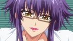  1girl blouse glasses green_background lipstick looking_at_viewer oppai_no_ouja_48 purple_hair screencap smile takashima_miyu yellow_eyes 