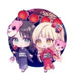  2girls :3 :d :o alternate_hairstyle bang_dream! bangs black_hair black_kimono blonde_hair blue_eyes candy_apple character_mask chibi cotton_candy eyebrows_visible_through_hair festival fireworks food full_body holding holding_food imminent_hand_holding japanese_clothes kimono lantern long_hair long_sleeves low_twintails mask mask_on_head michelle_(bang_dream!) multiple_girls no_socks obi okusawa_misaki one_side_up open_mouth paper_lantern pouch poyo_(shwjdddms249) red_kimono sandals sash smile transparent_background tsurumaki_kokoro twintails walking wide_sleeves yellow_eyes 