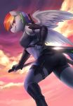  2018 absurd_res anthro audrarius butt_pose clothing equine feathered_wings feathers female friendship_is_magic hair hi_res holding_object holding_weapon mammal melee_weapon multicolored_hair my_little_pony outside pegasus rainbow_dash_(mlp) rainbow_hair solo sword tight_clothing weapon wings 