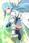  asuna_(sao) asuna_(sao-alo) bangs black_legwear blue_eyes blue_hair day detached_sleeves dress eyebrows_visible_through_hair floating_hair holding holding_sword holding_weapon long_hair looking_at_viewer machimura_komori outdoors parted_lips pointy_ears sheath short_dress solo stance standing sword sword_art_online thighhighs very_long_hair weapon white_dress zettai_ryouiki 