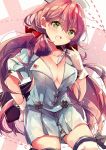  :d akashi_(kantai_collection) alternate_costume breasts cleavage gloves green_eyes hair_ribbon hat highres kantai_collection long_hair looking_at_viewer medium_breasts nanahamu nurse nurse_cap open_mouth pink_hair ribbon smile solo thermometer tress_ribbon very_long_hair white_gloves 