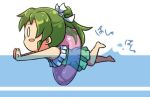  blush_stickers chibi comic commentary_request green_hair hair_ribbon innertube kantai_collection long_hair lowres one-piece_swimsuit outstretched_arms ribbon sakimiya_(inschool) solo swimming swimsuit translation_request twintails water younger zuikaku_(kantai_collection) 