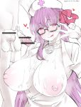  1boy 1girl bangs bb_(fate/extra_ccc) breasts censored choker cum cum_on_body dated fate/extra fate/extra_ccc fate/grand_order fate_(series) glasses hair_bow heart highres huge_breasts nipples nurse nurse_cap penis pink_eyes puffy_nipples purple_hair smile tamamf tongue tongue_out v veiny_penis very_long_hair visible_air wrist_cuffs 