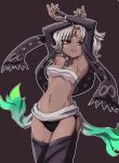  alolan_marowak armpits black_legwear black_panties borokuro bra breasts brown_background brown_eyes brown_scarf cleavage cowboy_shot dark_background dark_skin facial_mark forehead_mark garter_straps highres jewelry looking_at_viewer marowak navel necklace panties parted_lips personification pokemon scarf short_hair silver_hair small_breasts standing underwear white_bra 