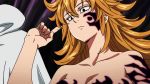  1girl abs animated animated_gif black_eyes derieri facial_tattoo long_hair muscles muscular_female nanatsu_no_taizai no_clothes orange_hair partially_nude spiky_hair tattoo 