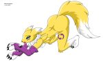  all_fours anthro armwear ass_up black_sclera blue_eyes breasts butt canine chest_tuft claws clothing diamondstorm digimon dipstick_tail featureless_breasts female fur looking_at_viewer mammal mostly_nude multicolored_tail panting renamon simple_background tongue tongue_out tuft white_background white_fur yellow_fur 