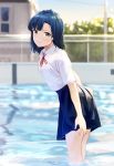  blue_hair day highres hinoshita_akame idolmaster idolmaster_million_live! looking_at_viewer nanao_yuriko outdoors pool ribbon school_uniform short_hair skirt smile solo wading yellow_eyes 