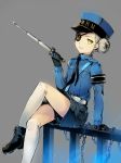  baton black_gloves black_neckwear blue_hat boots caroline_(persona_5) chain commentary expandable_baton eyepatch gloves hair_bun hat highres light_smile necktie over-kneehighs parted_lips persona persona_5 police police_uniform railing shorts sitting solo sumisu_(mondo) thighhighs uniform white_legwear yellow_eyes 