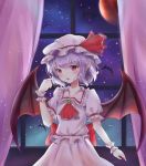  absurdres bat bat_wings bracelet commentary_request dress fang hat highres jewelry liuli88 looking_at_hand mob_cap moon night night_sky purple_hair red_moon remilia_scarlet short_hair sky touhou white_dress wings 