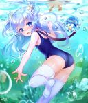  :o ass baikamo_(flower_knight_girl) bird blue blue_eyes blue_hair blue_swimsuit bubble flower flower_knight_girl hair_flower hair_ornament highres long_hair looking_at_viewer one-piece_swimsuit open_mouth outstretched_hand piyoyanagi school_swimsuit signature solo swimsuit thighhighs two_side_up underwater white_legwear 