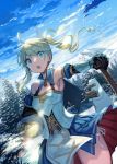  ahoge armpits bear black_gloves blue_capelet blue_eyes blue_skirt blue_sky breasts capelet cleavage cover cover_page detached_sleeves drill_hair dutch_angle firewood gauntlets gloves highres kururi lake mountain official_art outdoors shirokuma_tensei skirt sky snow standing sunlight tree twintails 