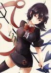  beige_background black_dress black_hair black_legwear bow bowtie commentary cowboy_shot deetamu dress highres houjuu_nue looking_at_viewer nue_day pointy_ears polearm red_bow red_neckwear simple_background smirk thighhighs tight_dress touhou trident weapon wings zettai_ryouiki 