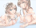  bababababan bangs blue_background blue_eyes bow breasts collarbone eyebrows_visible_through_hair fang grey_hair grin hair_between_eyes hair_bow highres holding_hands large_breasts long_hair looking_at_viewer lying mouth_hold multiple_girls naked_ribbon on_stomach original ribbon siblings skindentation smile twins white_bow white_ribbon 