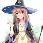 1girl atelier_(series) atelier_escha_&_logy blush brown_eyes brown_hair collarbone commentary_request hair_between_eyes hat head_tilt holding index_finger_raised jewelry long_hair looking_at_viewer necklace photoshop_(medium) poet short_sleeves smile solo star_(symbol) star_print test_tube upper_body very_long_hair white_background wilbell_voll-ersleid witch_hat 