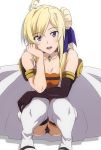  :d ahoge bare_shoulders black_gloves black_panties blonde_hair cape chin_rest elbow_gloves full_body gloves grancrest_senki hair_bun hera_(hara0742) highres long_hair looking_at_viewer open_mouth panties pantyshot pantyshot_(squatting) purple_eyes siluca_meletes simple_background single_elbow_glove smile solo squatting thighhighs underwear white_background white_cape white_legwear 