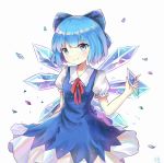  absurdres blue_dress blue_eyes blue_hair cirno commentary_request crystal dress fairy fairy_wings highres holding liuli88 looking_at_viewer puffy_short_sleeves puffy_sleeves short_hair short_sleeves simple_background smile touhou white_background wings 