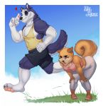  2018 anthro barefoot black_nose breasts canine detailed_background digital_media_(artwork) dog duo exhausted female husky kitty_silence larger_male male mammal pomeranian racing running size_difference smaller_female smile 