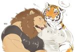  2018 anthro biceps clothed clothing feline fur giraffe_(artist) japanese_text lam-chan lion lion-san male mammal muscular muscular_male pecs stripes text tiger translated 