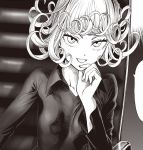  1girl black_dress collar collarbone curly_hair dress long_sleeves looking_at_viewer monochrome murata_yuusuke official_art one-punch_man open_mouth short_hair tatsumaki 