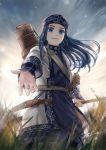  ainu ainu_clothes asirpa bandana black_hair blue_eyes bow_(weapon) cowboy_shot dagger earrings golden_kamuy grass hoop_earrings jewelry long_hair looking_at_viewer outstretched_hand scabbard sheath signature sky smile solo star_(sky) starry_sky weapon yum_(unlucky) 