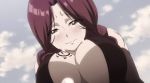  1girl animated animated_gif bare_shoulders blush braid breast_tattoo breasts cleavage fairy_tail female flare_corona gloves large_breasts long_hair red_eyes red_hair tears 